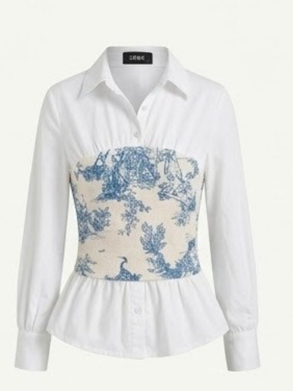 Cider Toile Print Corset Peplum Button-Up Blouse